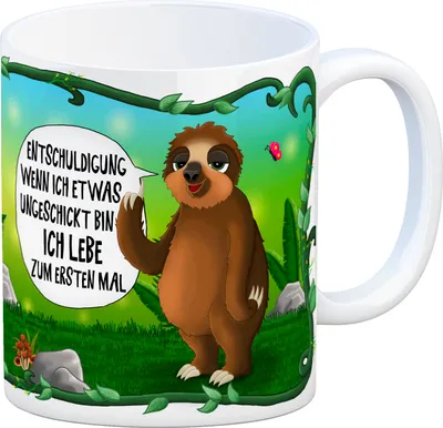 Produktbild von Kaffeebecher mit Faultier Dschungelmotiv und Spruch: Entschuldigung wenn ich