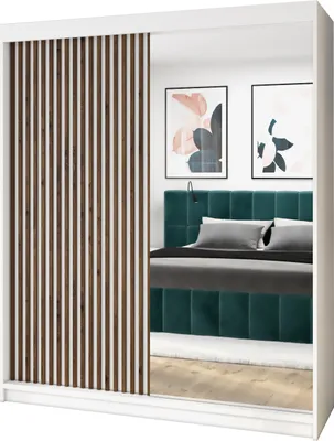 A bedroom scene with a wardrobe reflected in a mirror, showing a bed with a green headboard.