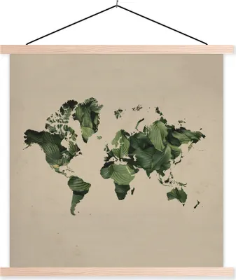Produktbild von MuchoWow® Textilposter Weltkarte - Pflanzen - Muster 120x120 cm mit holzfarbenen Rahmen - Textil-Poster