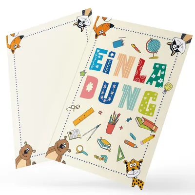 Produktbild von Einladungskarte Tiere Schulanfang Kindergeburtstag – Postkarte mit Tiermotiven für Schule & Kindergeburtstag