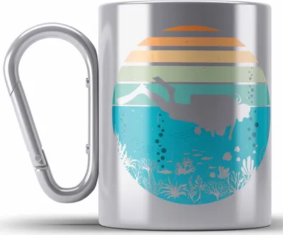 Produktbild von Trendation - Taucher Grafik Edelstahl Tasse Karabiner Geschenk für Tauchlehrer Geschenkidee Lustig Tauchen Tauchsport Tiefsee (Silber)