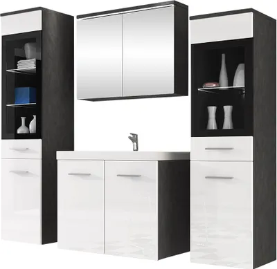 Produktbild von MIRJAN24 Badmöbel-Set Madrit II, Badezimmer-Set mit Spiegel und Waschbecken (Farbe: Matera / Weiß Hochglanz, mit Siphon, mit weißer LED Beleuchtung)