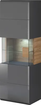 A tall, modern display cabinet with glass shelves and wooden accents.