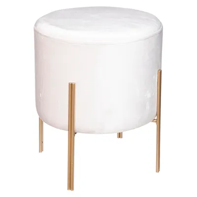A white velvet ottoman with gold legs on a white background.