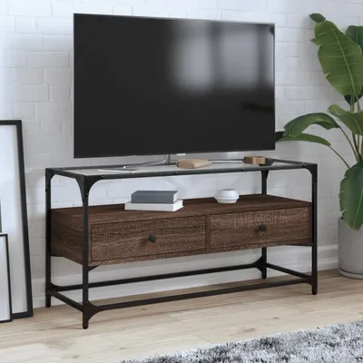 Image de Maison Exclusive - Meuble TV avec plateau en verre Chêne brun 98x35x51 cm Matériau dérivé du bois