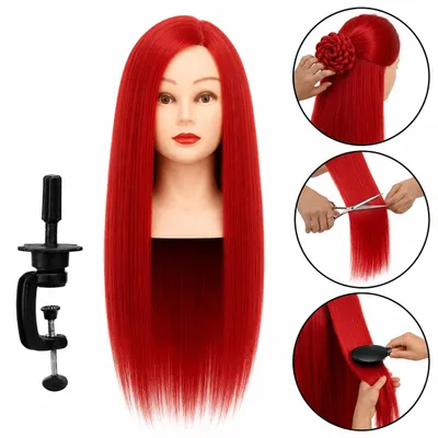 Immagine prodotto di Testa manichino per parrucchieri Iza, con capelli termoresistenti 60 cm rossi e supporto da tavolo, per styling e acconciature, Immagine generata dall'IA
