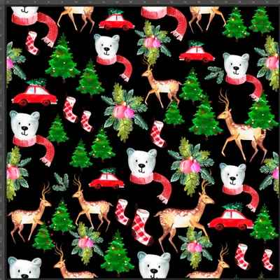 Produktbild von French Terry Loop Digitaldruck - Weihnachtsbären mit Reh auf schwarzem Hintergrund