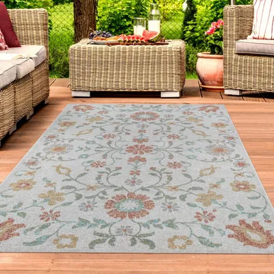 Immagine prodotto di Tappeto per esterni con motivo floreale per il soggiorno e la terrazza, crema, multi misura - 120 x 170 cm