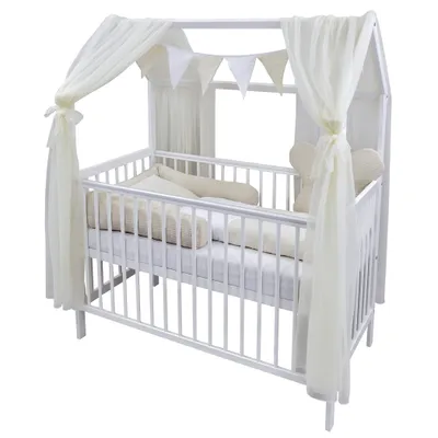 Produktbild von Baby-Delux Hausbett Kinderbett Gitterbett weiß 60x120 Beißschienen Matratze Bett Set Waffelpique Hell Beige
