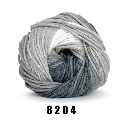 A ball of yarn with a gradient of gray and white colors.