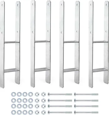 Produktbild von XPOtool Pfostenträger feuerverzinkt 81 x 600mm 4 Stück, H-Anker Kohlenstoffstahl, Pfostenanker mit Bohrlöchern M10 x 100, Pfostenschuh mit 2 Verstrebungen