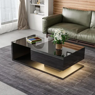Produktbild von MODFU Couchtisch Schwarz Hochglanz mit Glas und LED–Rechteckiger Wohnzimmertisch mit Ablagefach,Beistelltisch & Sofatisch für Wohn- und Schlafzimmer