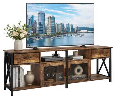 Produktbild von Relaxdays TV Lowboard, HxBxT: 60 x 180 x 40 cm, 2 Schubladen, 4 Fächer, Industrial, Fernsehtisch, TV-Bank, braun/schwarz