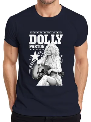 Immagine prodotto di Maglietta da uomo, stile western, con la leggenda della musica country Dolly Parton, con chitarra, colore blu navy, taglia S