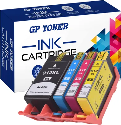 Four ink cartridges are displayed in a red holder, with a box of GP Toner ink cartridges in the background.