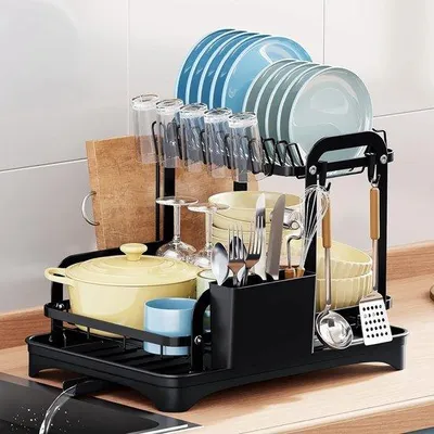 Produktbild von 2-teiliges Küchenhilfswerk mit Trockenmatte und Besteckhalter - Praktische Küchenaccessoires einschließlich Küchenabtropftuch, Tisch- und Tassenhalter und Besteckhalter.