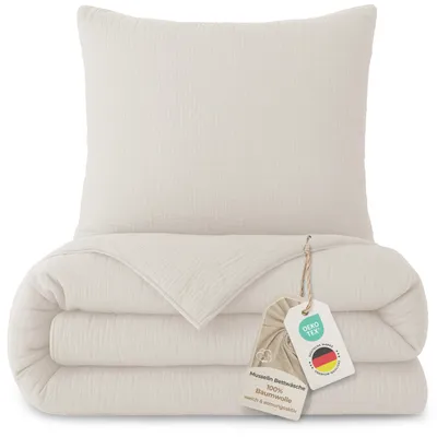 Mousseline Bettwäsche 155x220+80x80 cm, 100% Baumwolle, creme