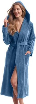 Zdjęcie produktu dla Ibenzoa® Damski szlafrok z kapturem – 100% bawełna frotte, 360 g/m², długość tyłu ok. 115 cm, miękki i chłonny, idealny do sauny i spa