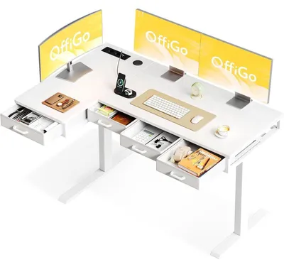 Productafbeelding van Bureau, verstelbaar in hoogte, 140x80 cm, L-vormig, met 4 lades en een stopcontact, wit