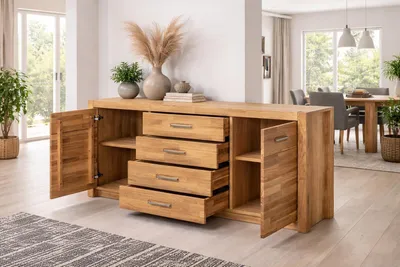 Produktbild von Anrichte 2 Türen, 4 Schubladen Sideboard Kommode Wildeiche geölt #4079