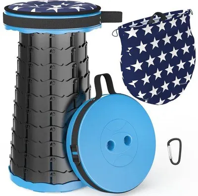 Immagine prodotto di Unyqoos® Sgabello telescopico – sgabello pieghevole regolabile e portatile, altezza regolabile da 6,5 a 45 cm, diametro 25 cm, peso 1,0 kg, portata massima 200 kg, include cuscino per seduta e moschettone, ideale per campeggio/pesca