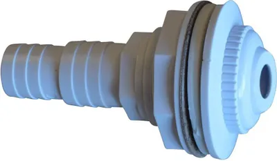 A white plastic inlet nozzle with a ribbed hose connection on one end and a threaded connection with gaskets on the other.