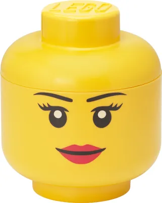 A yellow LEGO storage head with a female face printed on it.