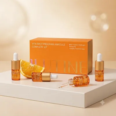 Productafbeelding van ILUTINE Vita-Shot Vitamine C Serum - Complete set ampullen: 4 ampullen met dubbele kamer | 100.000 ppm vitamine C + Heartforcards® verzendbescherming