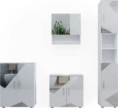 Produktbild von Badmöbel-Set Vicco Irma Weiß Hochglanz mit Einsätzen 4 Teile, mit Hochschrank und Kommode, Model 39664