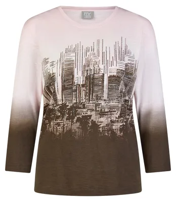 Produktbild von Rabe T-Shirt Rosa, Größe 46, mit Skyline-Motiv und Strassdetails, Rundhals, 3/4-Arm