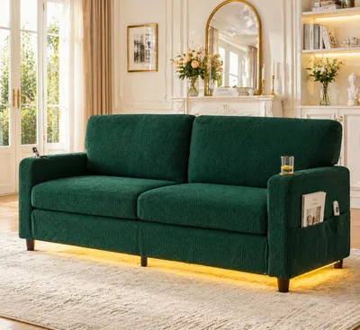 Produktbild von 2-Personen Chenille-Sofa USB-C LED-Ambiente Getränkehalter Seitentaschen Holz Metall Komfortschaum Smaragd 203x77.5x86cm