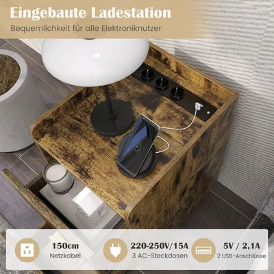Obrázok produktu pre Nočný stolík s nabíjacou stanicou, 2 zásuvky, USB porty, 40x32x60 cm