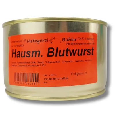 Produktbild von Hausmacher Blutwurst Dosenwurst 400g Wurstkonserve | Metzgerei Bühler
