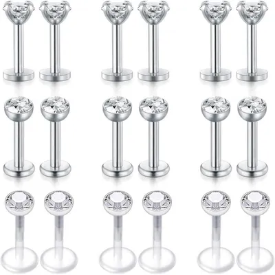 Obrázek produktu pro Sada piercingových šperků z nerezové oceli a bioplastu, 18 kusů, 16G, 6 mm, stříbrná barva, vhodná pro piercing tragusu, helixu a labretu