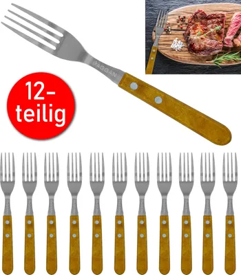 Produktbild von 12er Steak Gabel Set Küchengabel Set Pizza Grill Besteck mit Holzgriff