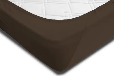 A close-up view of a brown fitted sheet on a mattress.