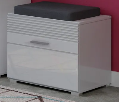 Produktbild von Garderobe Sitzbank "Leon" in weiß Hochglanz, Schuhschrank 60 cm