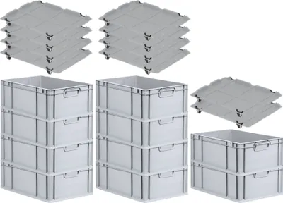 Produktbild von SparSet 10x Eurobox NextGen Economy mit Auflagedeckel und 4x Schiebeschnappverschlüsse Schwarz | Griffe geschlossen | HxBxT 22x40x60cm | 44 Liter | Eurobehälter, Transportbox, Transportbehälter, Stapelbehälter
