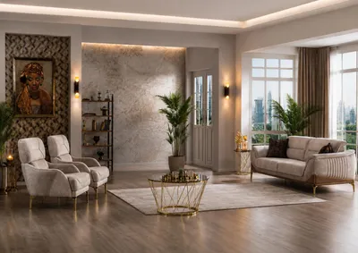 Image de Ensemble salon : canapé 3 places, 2 fauteuils, couleur beige, style moderne et minimaliste