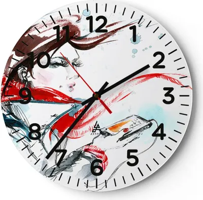 Produktbild von Wanduhr - Rund - Glasuhr - Frau Schal Telefon Illustration - 30x30cm - Schleichendes Uhrwerk - Lautlos - zum Aufhängen bereit - Dekoration Modern - Wanddekoration aus Glas - C4AR30x30-3015