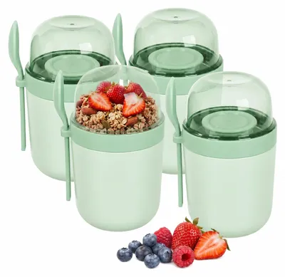 Image de Relaxdays, ensemble de 4 boîtes à muesli portables, avec 3 compartiments, cuillère, étanches, contenances de 400 et 280 ml, compatibles avec le micro-ondes, idéales pour le yaourt, couleur verte