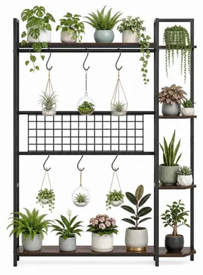 Produktbild von KOMFOTTEU Pflanzenständer, Blumenständer mit Metallrahmen & Kippsicherungen, freisthendes Pflanzenregal mit 6 S-Haken & Spalier, Blumenregal, Blumentopfständer für Wohnzimmer, Balkon