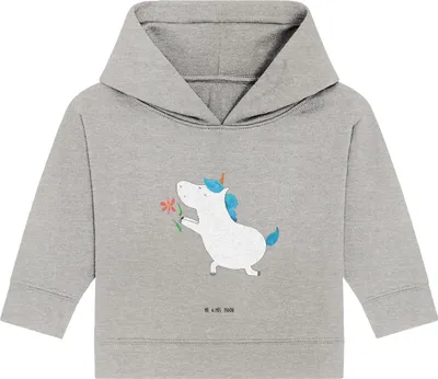 Produktbild von Mr. & Mrs. Panda Organic Baby Hoodie Einhorn Blume 12. - 18. Monat - Heather Grey - Geschenk, Freund, Freundin, Kapuzensweatshirt, Liebe, Unicorn, Einhörner, Kapuzenshirt