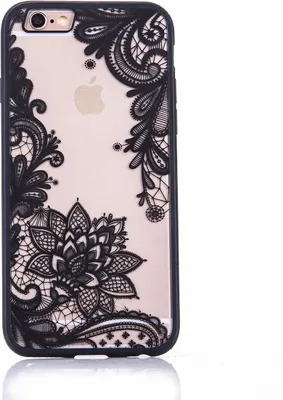 A clear product shot of a phone case with a black lace-like mandala design on a transparent background.