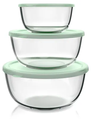 Produktbild von Arendo Salatschüssel 3er Set mit Deckel, Glasschüssel 1,1L / 2,7L / 4,4L, Glas Rührschüssel, Glas, Glasschale, BPA-frei, Mikrowellen- und spülmaschinengeeignet