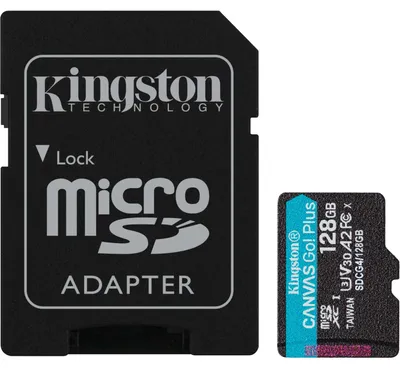 Obrázek produktu pro Kingston Technology 128GB microSDXC karta Canvas Go! Plus Gen4 200 MB/s A2 U3 V30 + adaptér, 128 GB, MicroSD, Třída 10, UHS-I, 200 MB/s, 100 MB/s