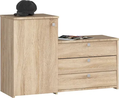 A wooden cabinet with drawers and a hat on top, shown against a white background.
