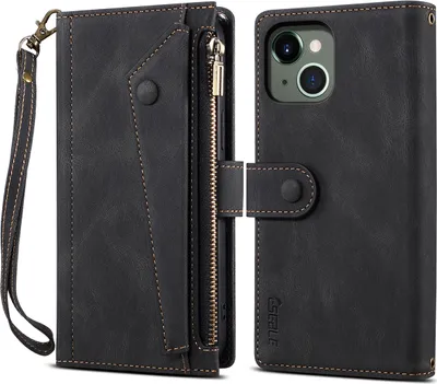 A black leather wallet case for an iPhone is shown open and closed.