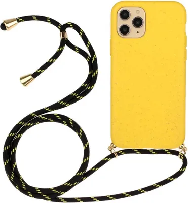 A yellow iPhone 13 Mini case with a black and yellow cord attached.