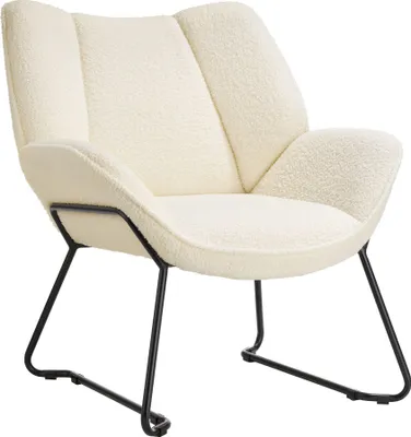 A cream-colored bouclé armchair with black metal legs, shown against a white background.